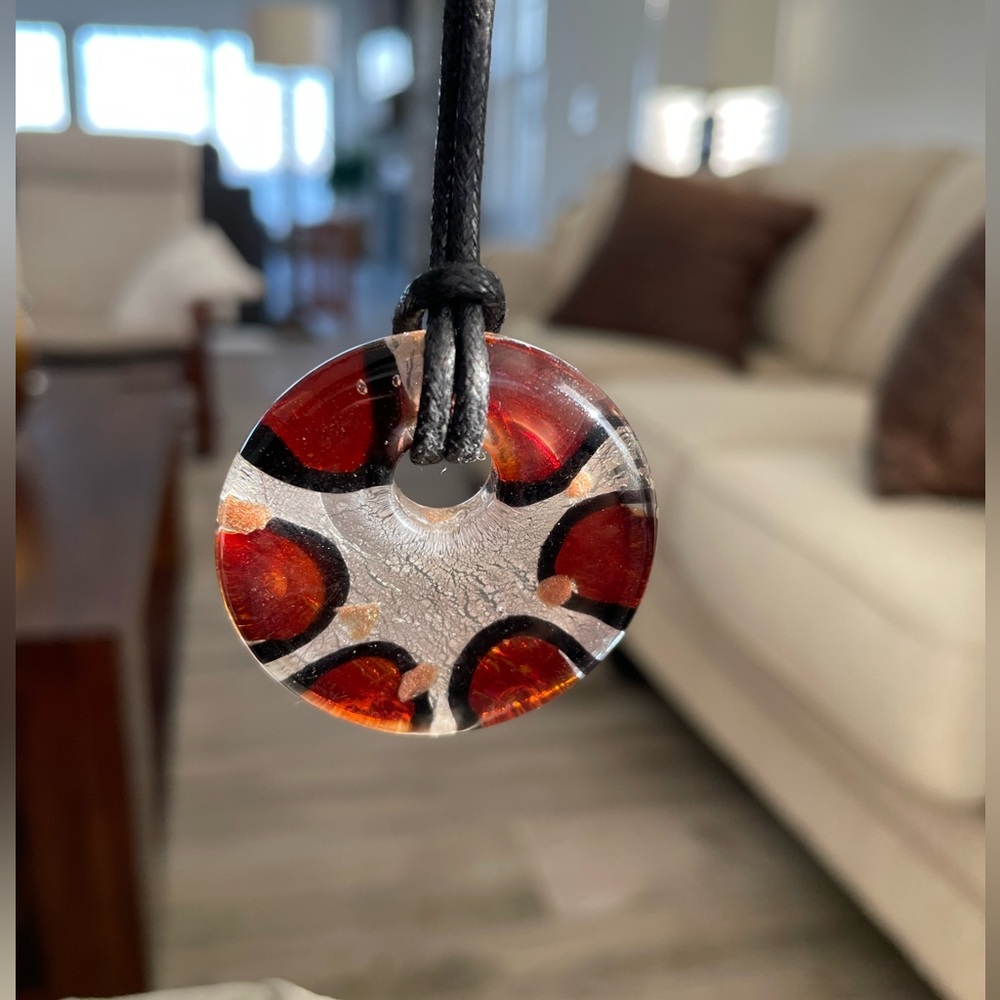 Handmade Pretty Red Glass Round Foil Lined Pendant Necklace on 18” Cord